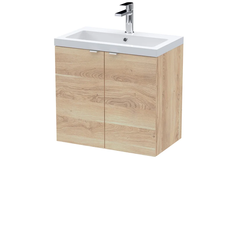 Fusion 600mm Wall Hung 2 Door Vanity Unit & Polymarble Basin - Bleached Oak Woodgrain