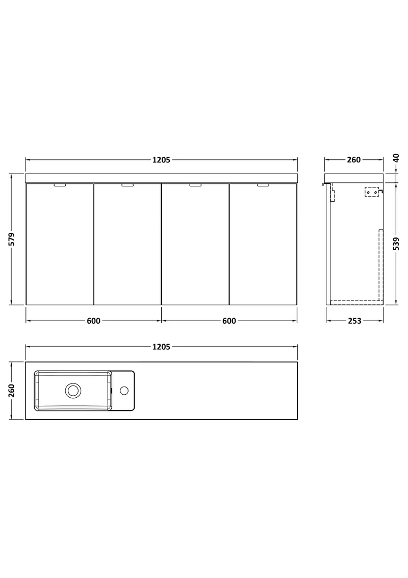 Fusion 1200mm Slimline Wall Hung Vanity Unit & Basin - Bleached Oak Woodgrain
