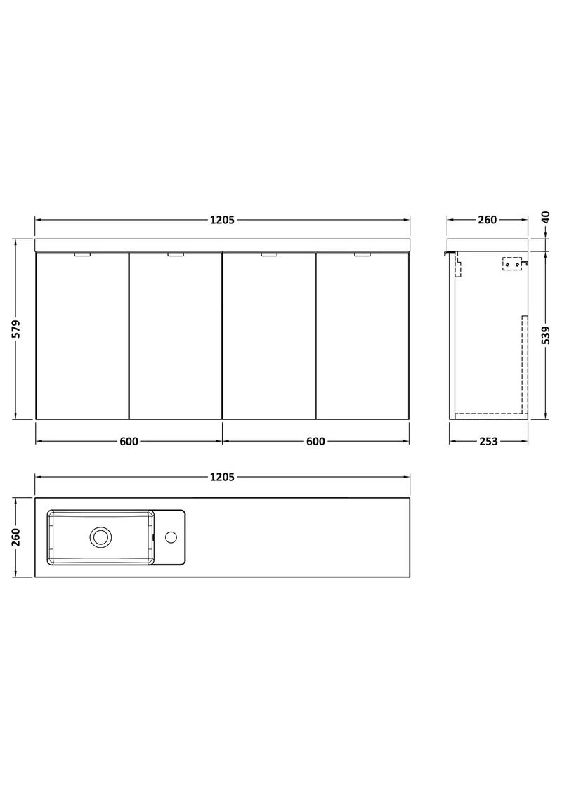 Fusion 1200mm Slimline Wall Hung Vanity Unit & Basin - Bleached Oak Woodgrain