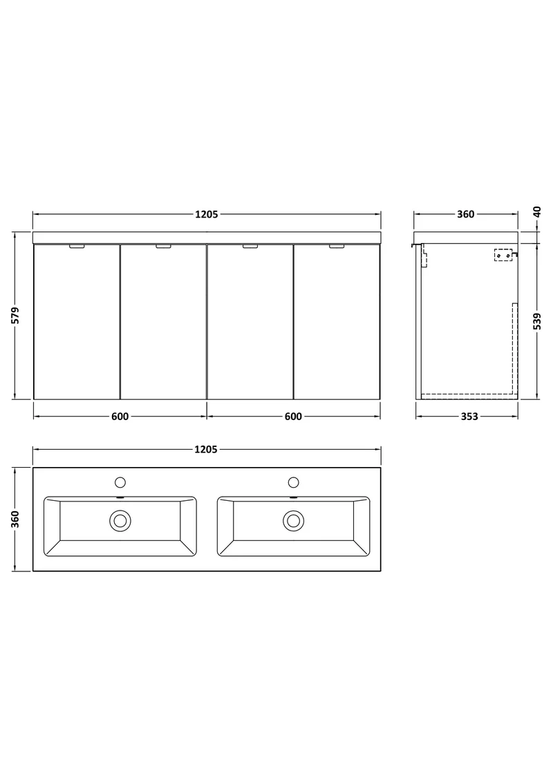 Fusion 1200mm Wall Hung 4 Door Vanity Unit & Double Ceramic Basin - Bleached Oak Woodgrain