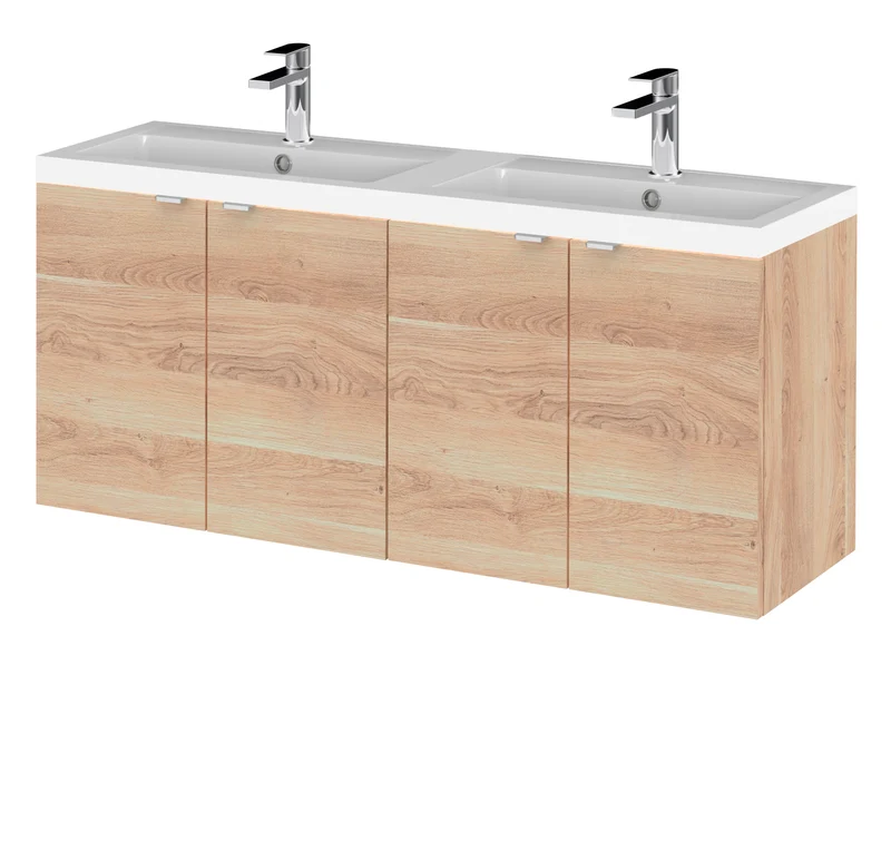 Fusion 1200mm Wall Hung 4 Door Vanity Unit & Double Polymarble Basin - Bleached Oak Woodgrain