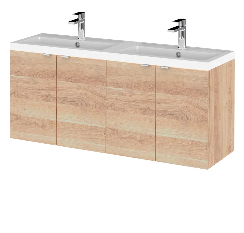 Fusion 1200mm Wall Hung 4 Door Vanity Unit & Double Polymarble Basin - Bleached Oak Woodgrain