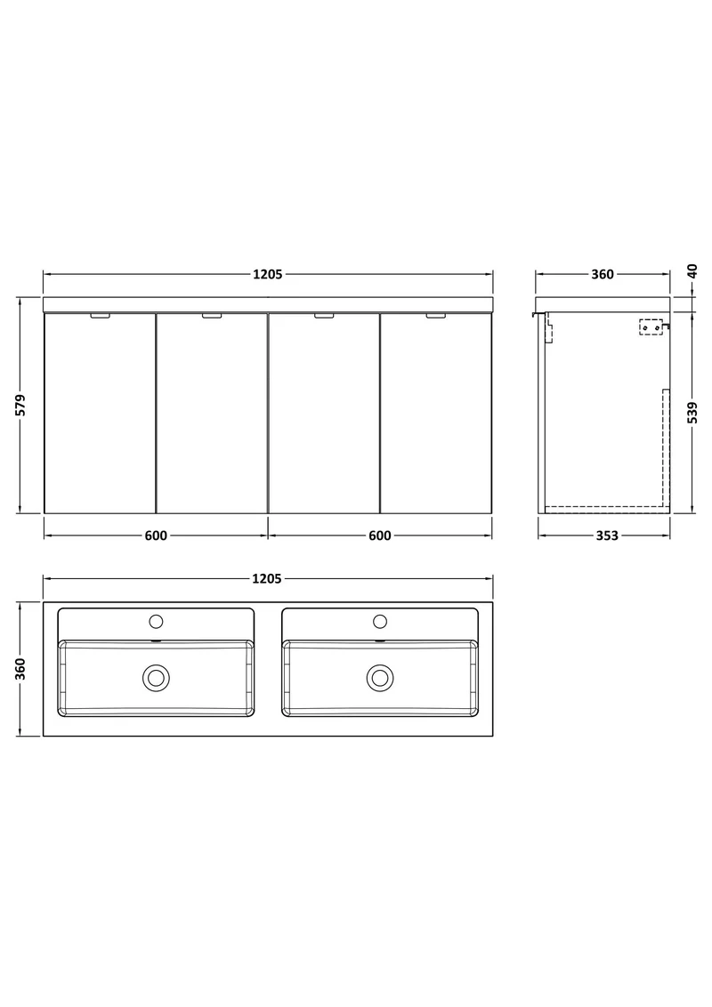Fusion 1200mm Wall Hung 4 Door Vanity Unit & Double Polymarble Basin - Bleached Oak Woodgrain
