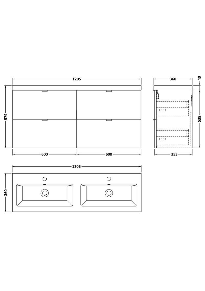Fusion 1200mm Wall Hung 4 Drawer Vanity Unit & Double Ceramic Basin - Bleached Oak Woodgrain
