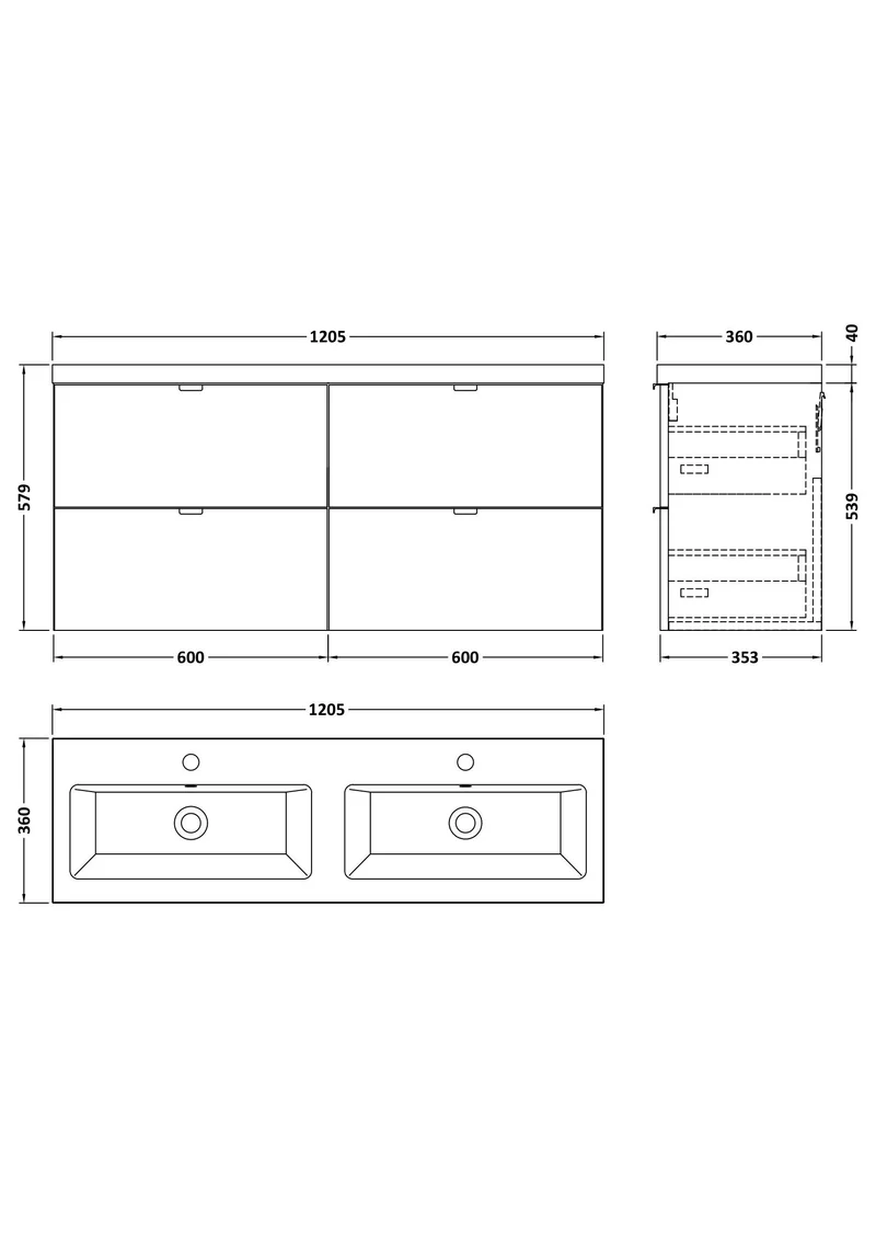 Fusion 1200mm Wall Hung 4 Drawer Vanity Unit & Double Ceramic Basin - Bleached Oak Woodgrain