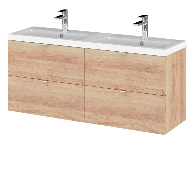 Fusion 1200mm Wall Hung 4 Drawer Vanity Unit & Double Polymarble Basin - Bleached Oak Woodgrain