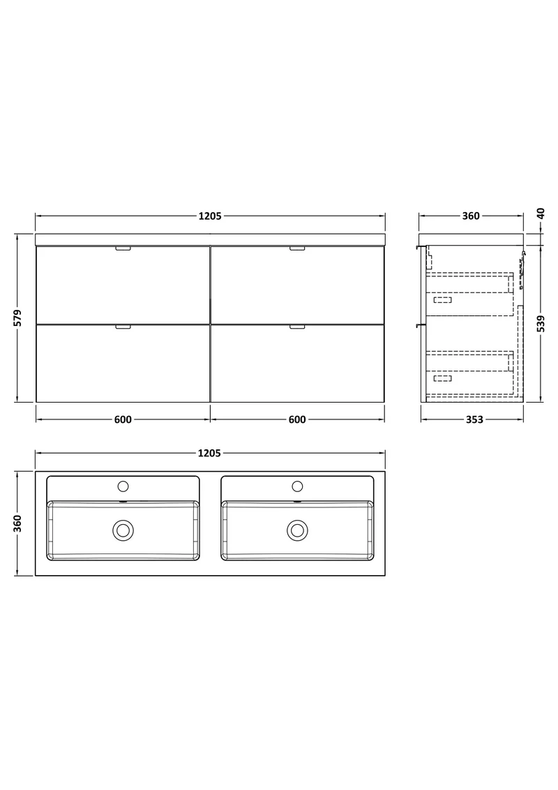 Fusion 1200mm Wall Hung 4 Drawer Vanity Unit & Double Polymarble Basin - Bleached Oak Woodgrain