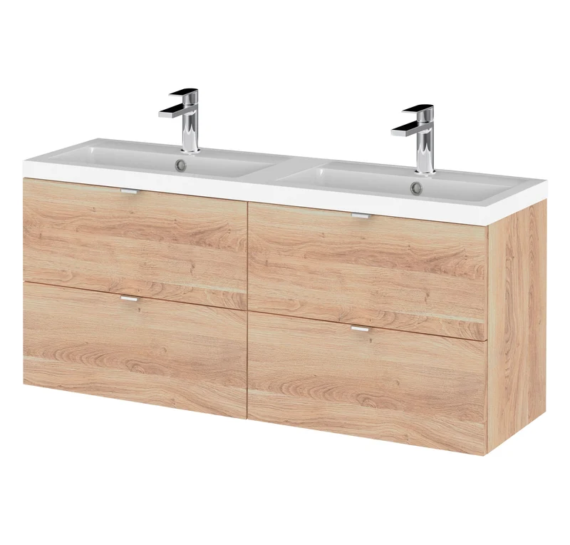 Fusion 1200mm Wall Hung 4 Drawer Vanity Unit & Double Polymarble Basin - Bleached Oak Woodgrain