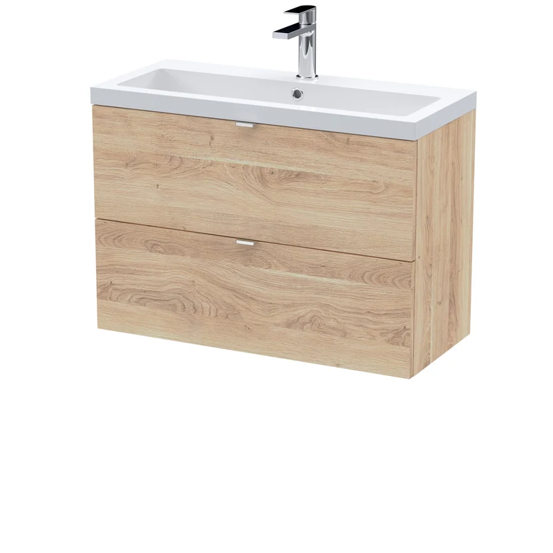 Fusion 800mm Wall Hung 2 Drawer Vanity Unit & Ceramic Basin - Bleached Oak Woodgrain