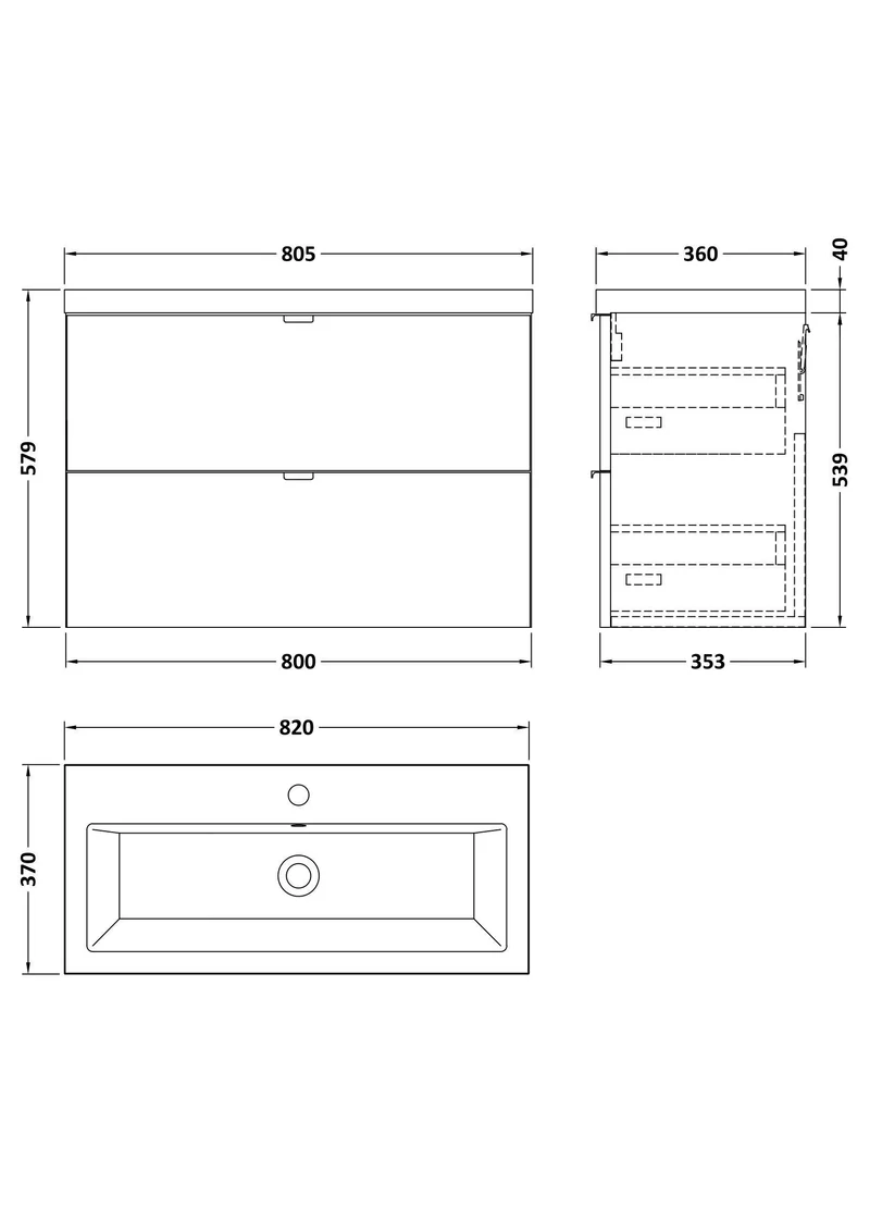 Fusion 800mm Wall Hung 2 Drawer Vanity Unit & Ceramic Basin - Bleached Oak Woodgrain