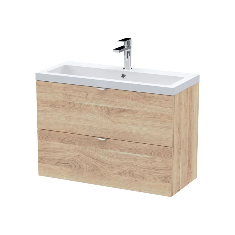 Fusion 800mm Wall Hung 2 Drawer Vanity Unit & Polymarble Basin - Bleached Oak Woodgrain