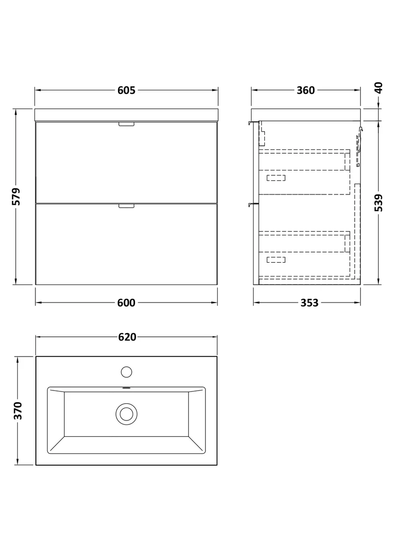 Fusion 600mm Wall Hung 2 Drawer Vanity Unit & Ceramic Basin - Bleached Oak Woodgrain