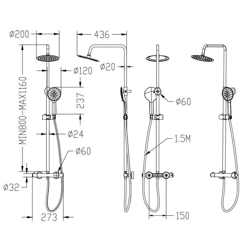 AICA Colonne de douche thermostatique, ensemble de douche rond réglable en hauteur