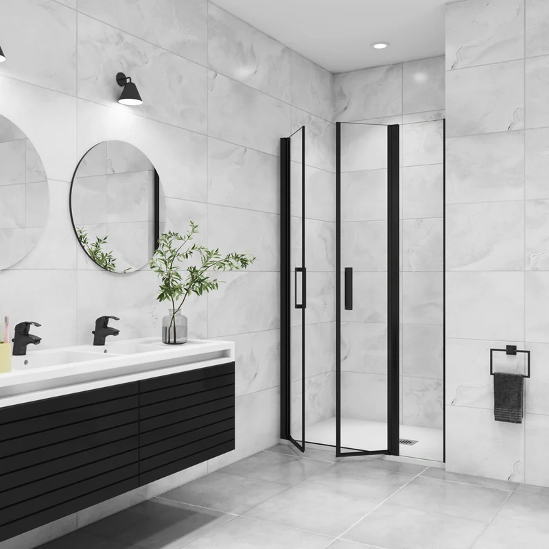 AICA porte de douche battante 110-130 x200cm avec un élément fixe, profilé noir mat, Porte de douche Hauteur 200cm en 8mm verre anticalcaire
