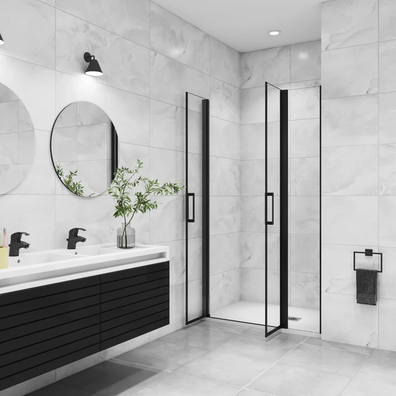 AICA porte de douche battante 110-130 x200cm avec un élément fixe, profilé noir mat, Porte de douche Hauteur 200cm en 8mm verre anticalcaire