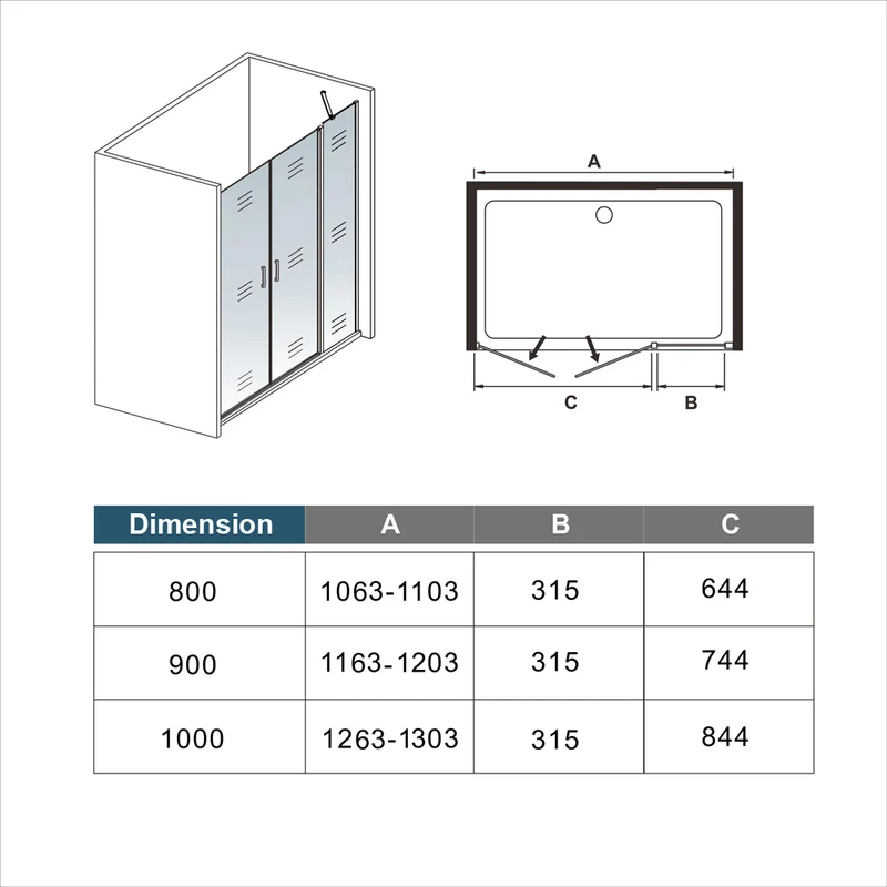 AICA porte de douche battante 110-130 x200cm avec un élément fixe, profilé noir mat, Porte de douche Hauteur 200cm en 8mm verre anticalcaire