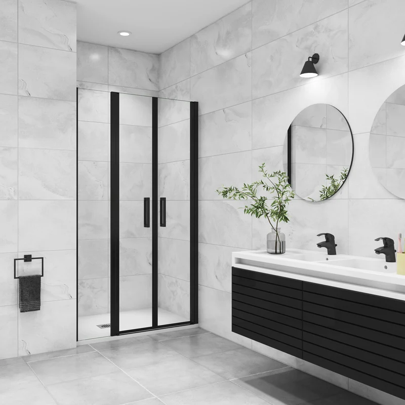 AICA porte de douche battante 110-130 x200cm avec un élément fixe, profilé noir mat, Porte de douche Hauteur 200cm en 8mm verre anticalcaire