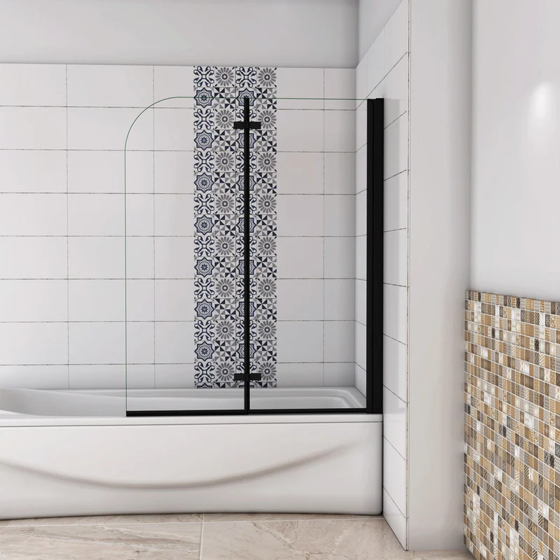AICA pare-baignoire noir pivotante pliant 90-120 x140cm en verre anticalcaire
