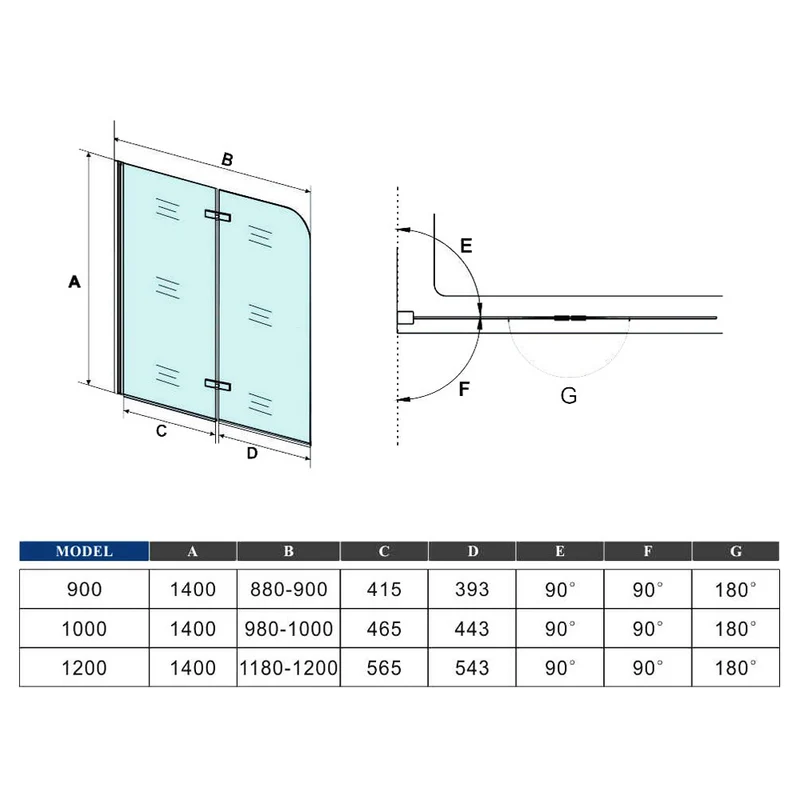 AICA pare-baignoire noir pivotante pliant 90-120 x140cm en verre anticalcaire