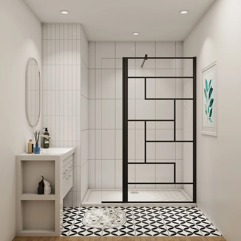 AICA paroi de douche industrielle noire avec un retour pivotant 40cm livré avec une barre de stabilisation 90cm