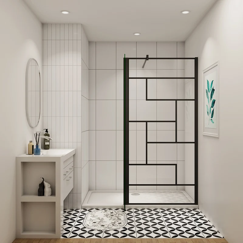 AICA paroi de douche industrielle noire avec un retour pivotant 40cm livré avec une barre de stabilisation 90cm