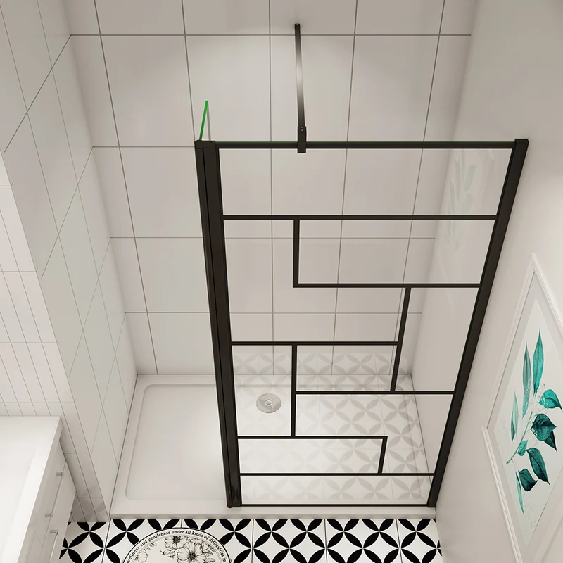 AICA paroi de douche industrielle noire avec un retour pivotant 40cm livré avec une barre de stabilisation 90cm