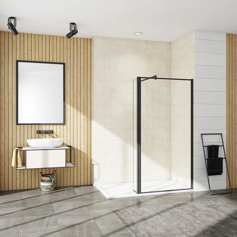 AICA paroi de douche industrielle noire avec un retour pivotant 30cm livré avec une barre de stabilisation 90cm
