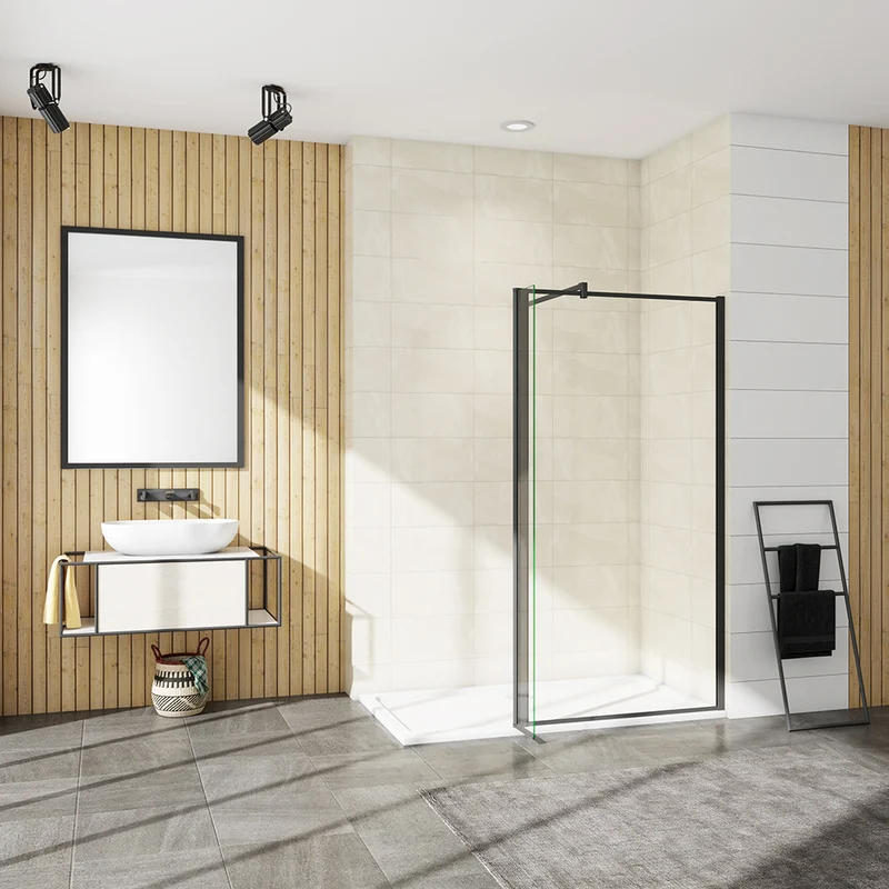 AICA paroi de douche industrielle noire avec un retour pivotant 30cm livré avec une barre de stabilisation 90cm