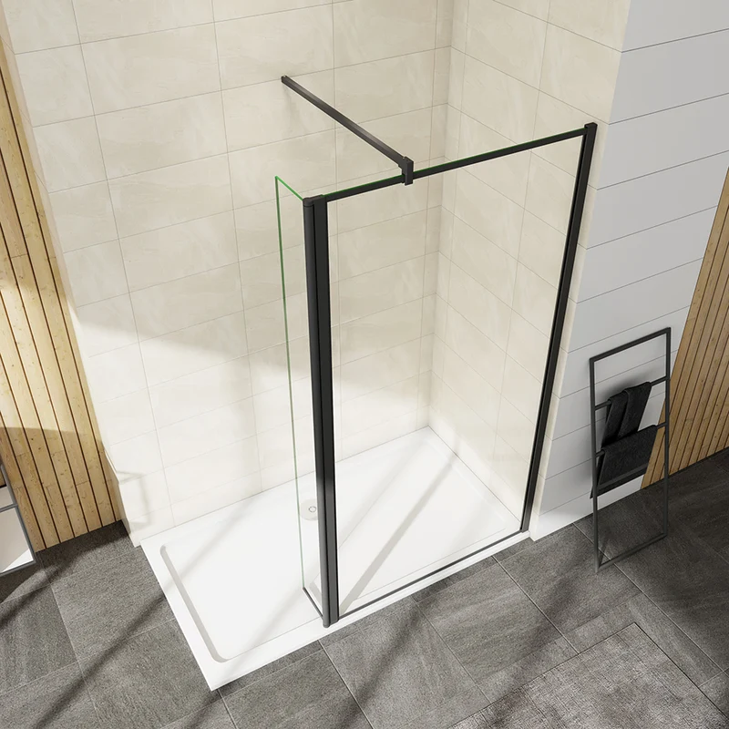 AICA paroi de douche industrielle noire avec un retour pivotant 30cm livré avec une barre de stabilisation 90cm