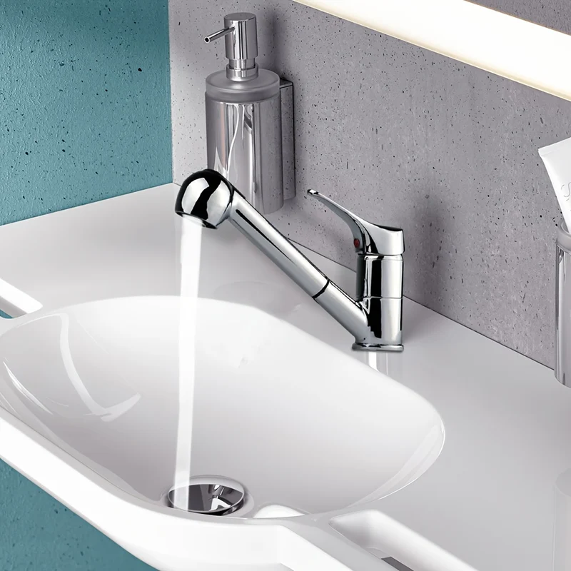 Mitigeur de lavabo chromé bas avec douchette extractible de 16 cm