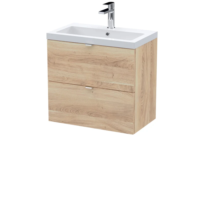 Fusion 600mm Wall Hung 2 Drawer Vanity Unit & Polymarble Basin - Bleached Oak Woodgrain