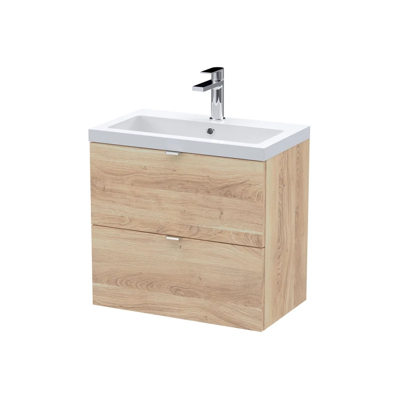 Fusion 600mm Wall Hung 2 Drawer Vanity Unit & Polymarble Basin - Bleached Oak Woodgrain