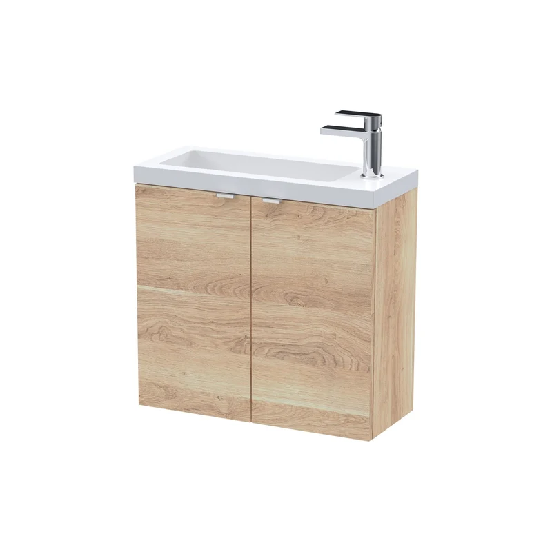 Fusion 600mm Slimline Wall Hung Vanity Unit & Basin - Bleached Oak Woodgrain