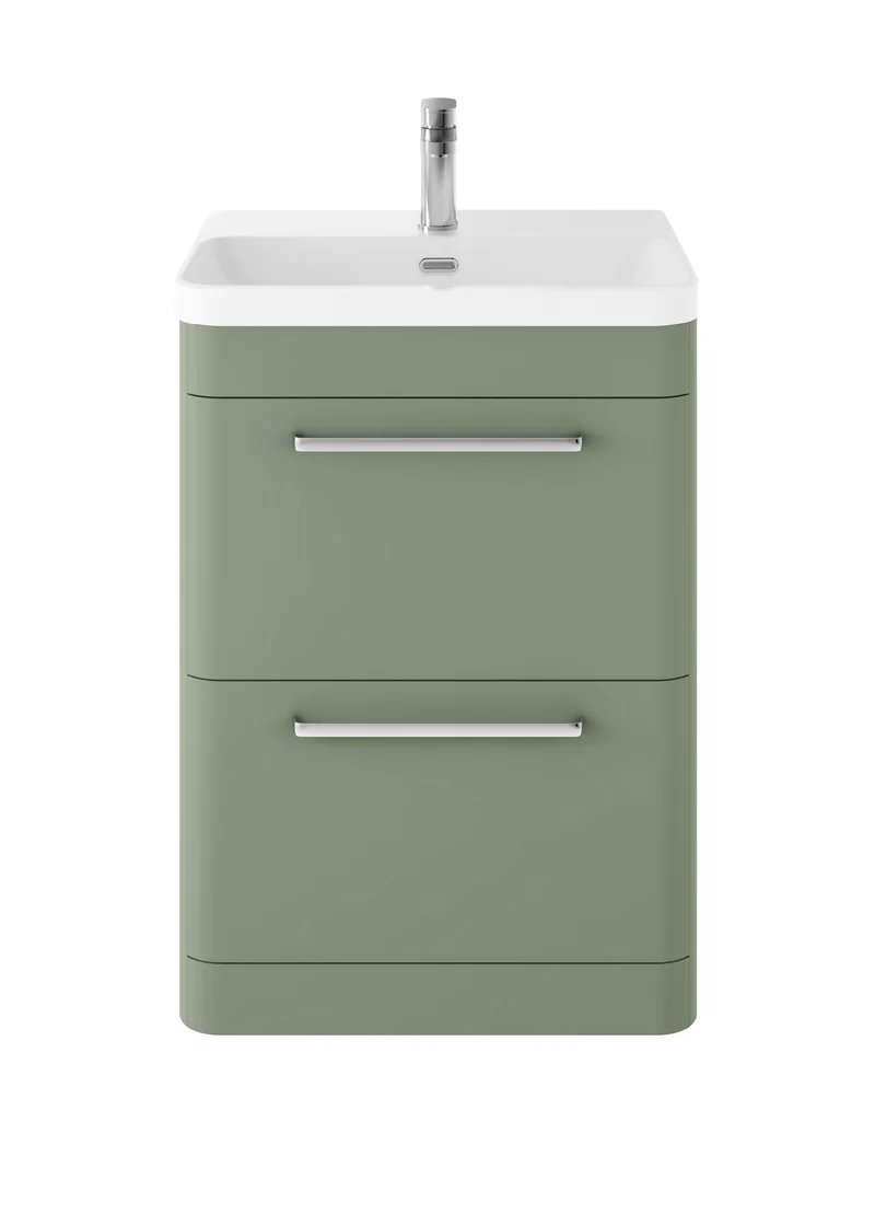 Solar Floor Standing 600mm Vanity Unit & Thin Edge Ceramic Basin - Fern Green Super Matt