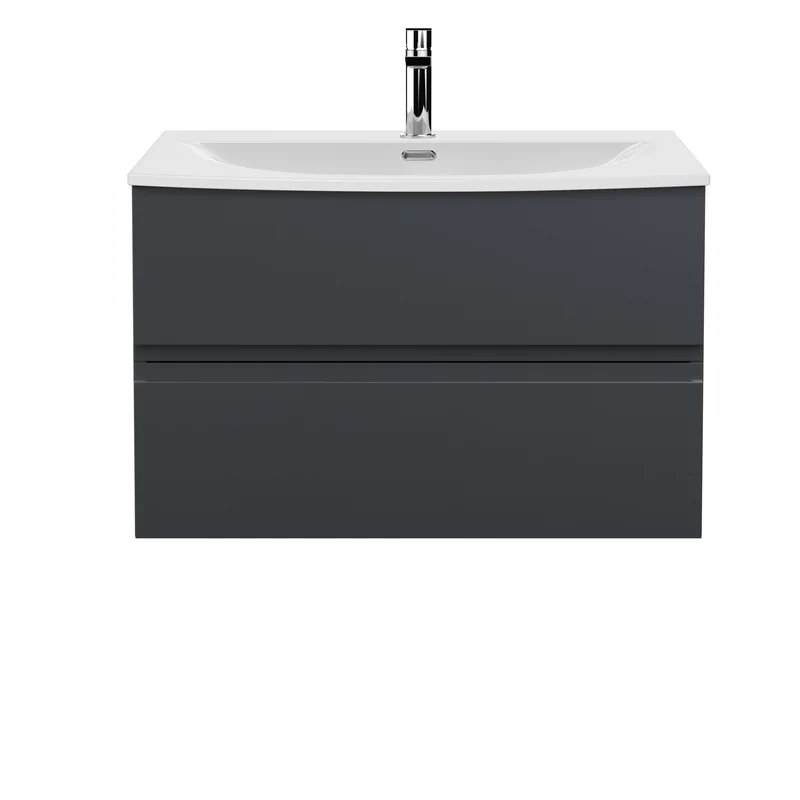 Urban 800mm Wall Hung 2 Drawer Vanity Unit & Curved Ceramic Basin - Soft Black Satin