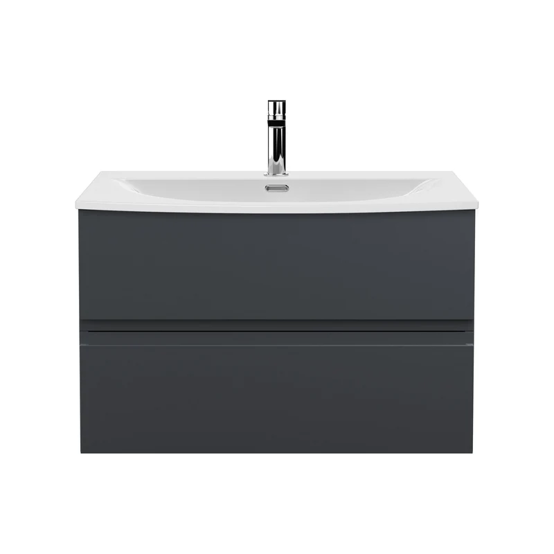 Urban 800mm Wall Hung 2 Drawer Vanity Unit & Curved Ceramic Basin - Soft Black Satin