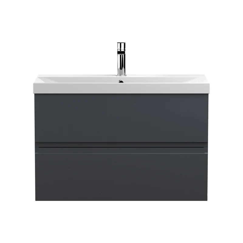 Urban 800mm Wall Hung 2 Drawer Vanity Unit & Thin Edge Ceramic Basin - Soft Black Satin