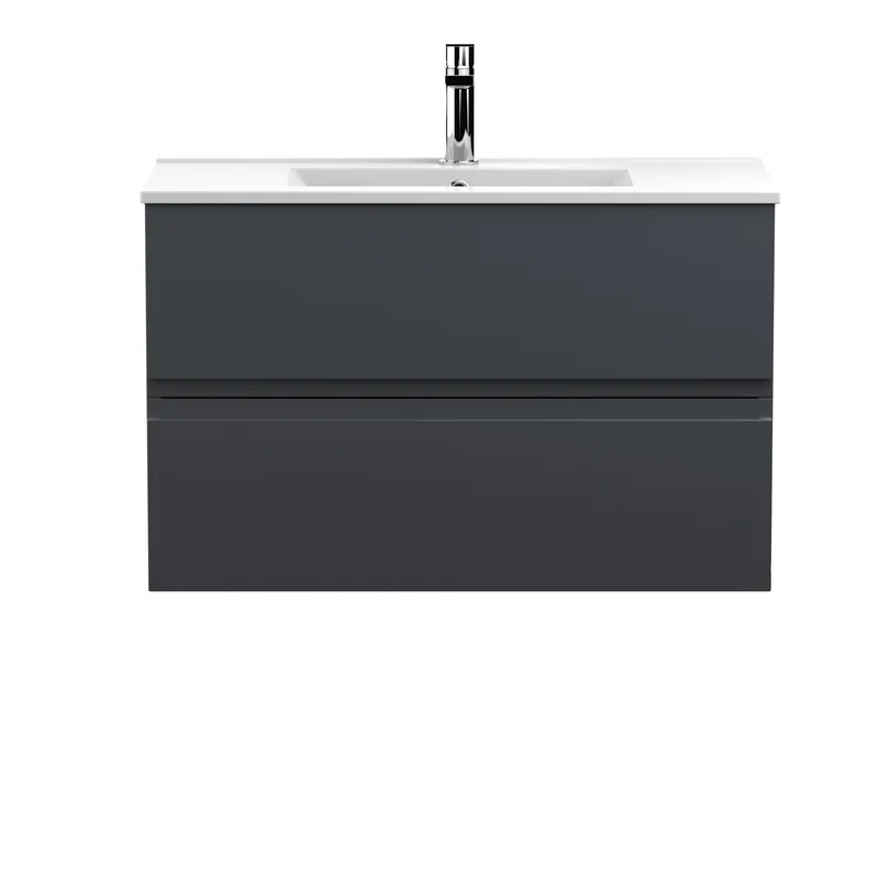Urban 800mm Wall Hung 2 Drawer Vanity Unit & Minimalist Ceramic Basin - Soft Black Satin