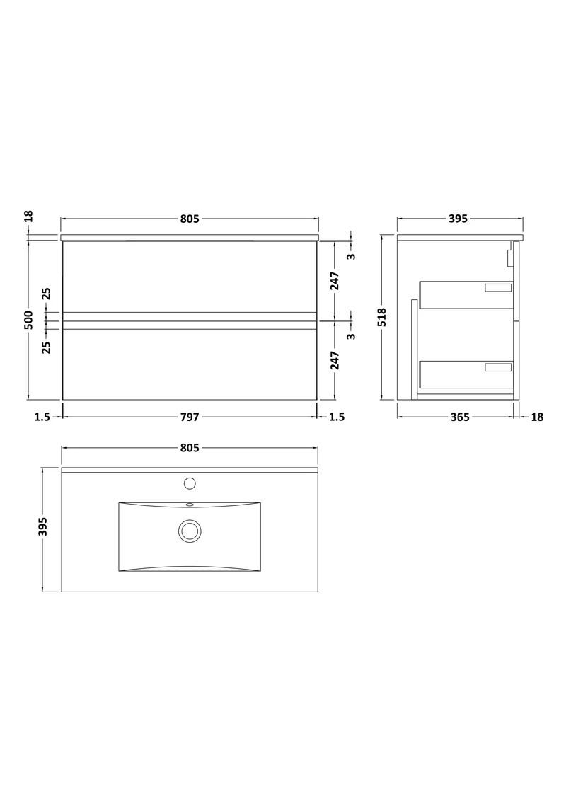 Urban 800mm Wall Hung 2 Drawer Vanity Unit & Minimalist Ceramic Basin - Soft Black Satin