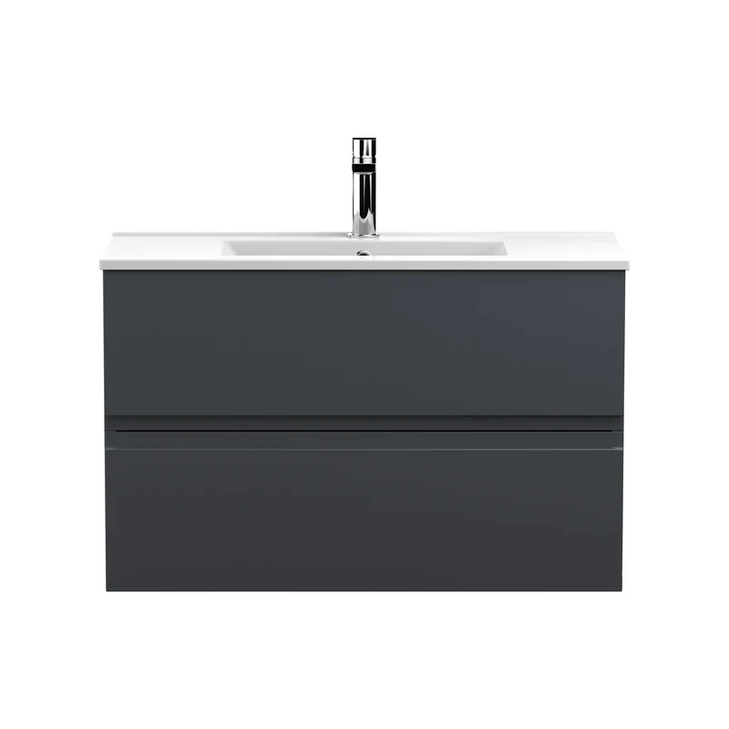 Urban 800mm Wall Hung 2 Drawer Vanity Unit & Minimalist Ceramic Basin - Soft Black Satin