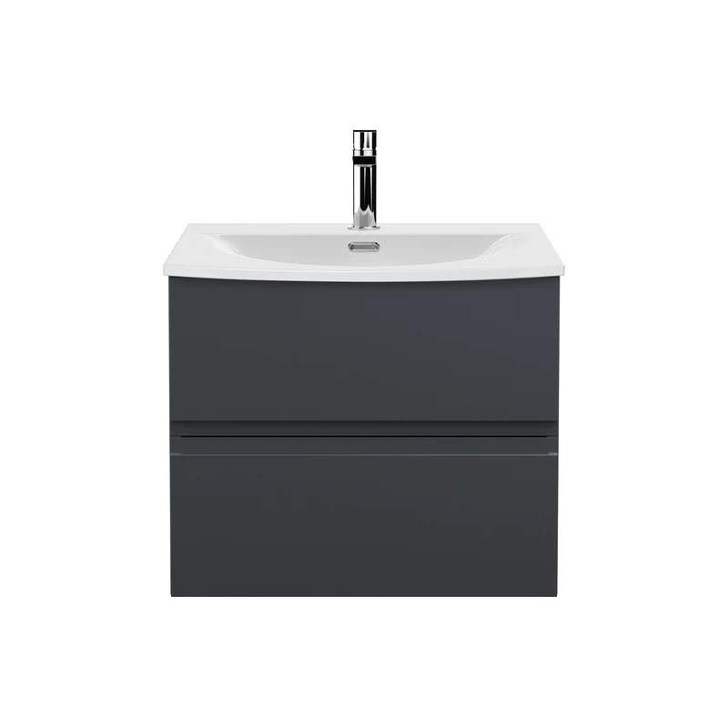 Urban 600mm Wall Hung 2 Drawer Vanity Unit & Curved Ceramic Basin - Soft Black Satin