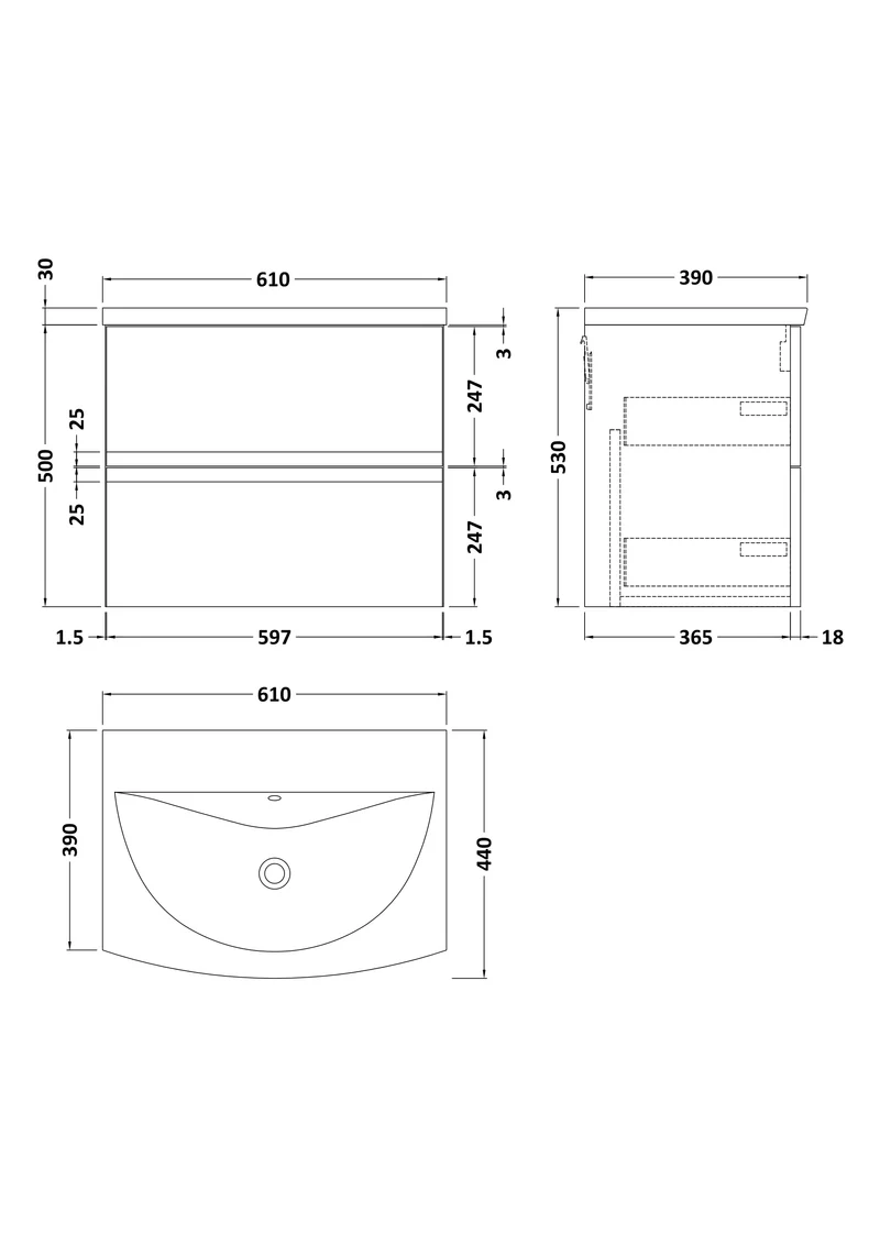 Urban 600mm Wall Hung 2 Drawer Vanity Unit & Curved Ceramic Basin - Soft Black Satin