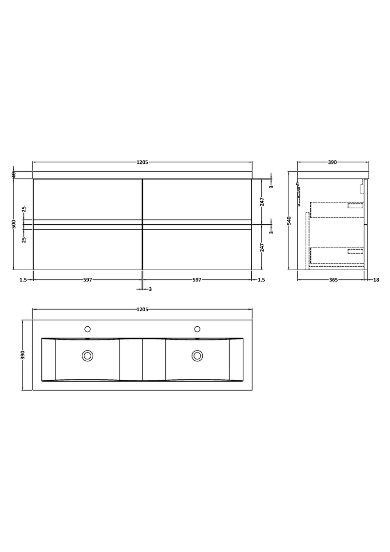 Urban 1200mm Wall Hung 4 Drawer Vanity Unit & Double Ceramic Basin - Soft Black Satin