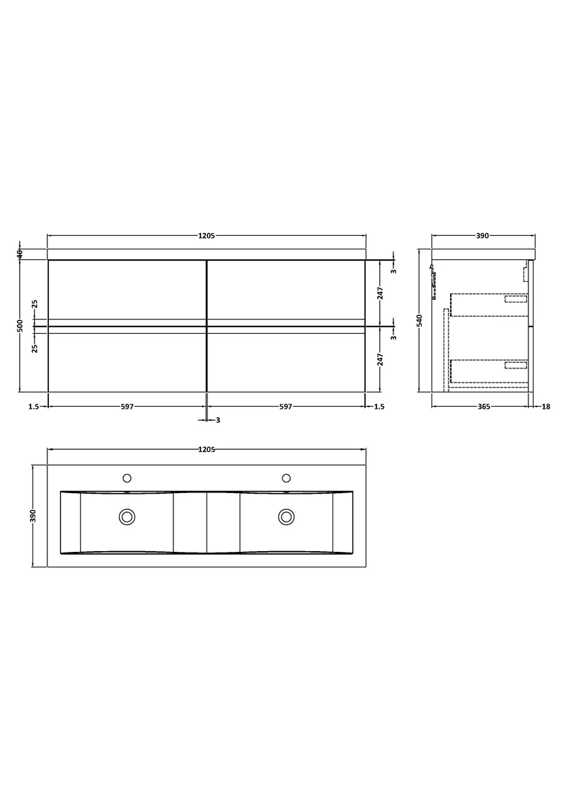 Urban 1200mm Wall Hung 4 Drawer Vanity Unit & Double Ceramic Basin - Soft Black Satin