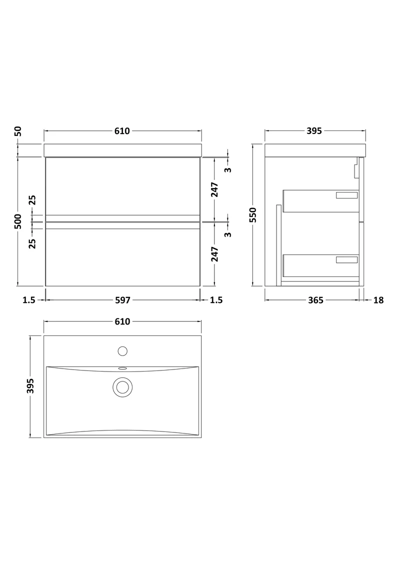 Urban 600mm Wall Hung 2 Drawer Vanity Unit & Thin Edge Ceramic Basin - Soft Black Satin