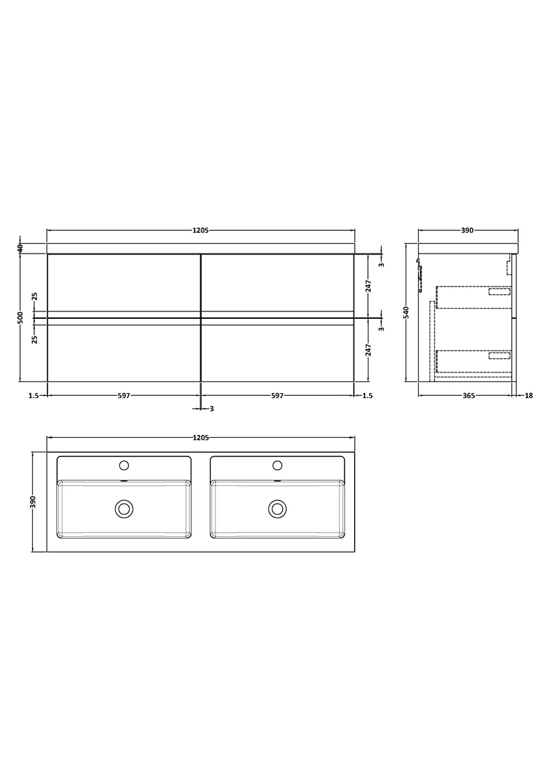 Urban 1200mm Wall Hung 4 Drawer Vanity Unit & Double Polymarble Basin - Soft Black Satin