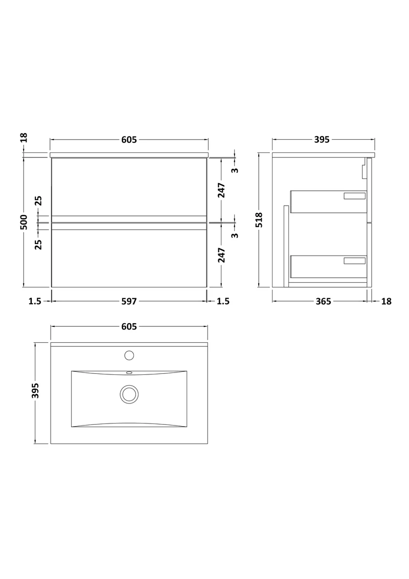 Urban 600mm Wall Hung 2 Drawer Vanity Unit & Minimalist Ceramic Basin - Soft Black Satin