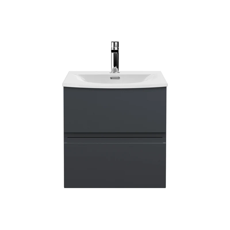 Urban 500mm Wall Hung 2 Drawer Vanity Unit & Curved Ceramic Basin - Soft Black Satin