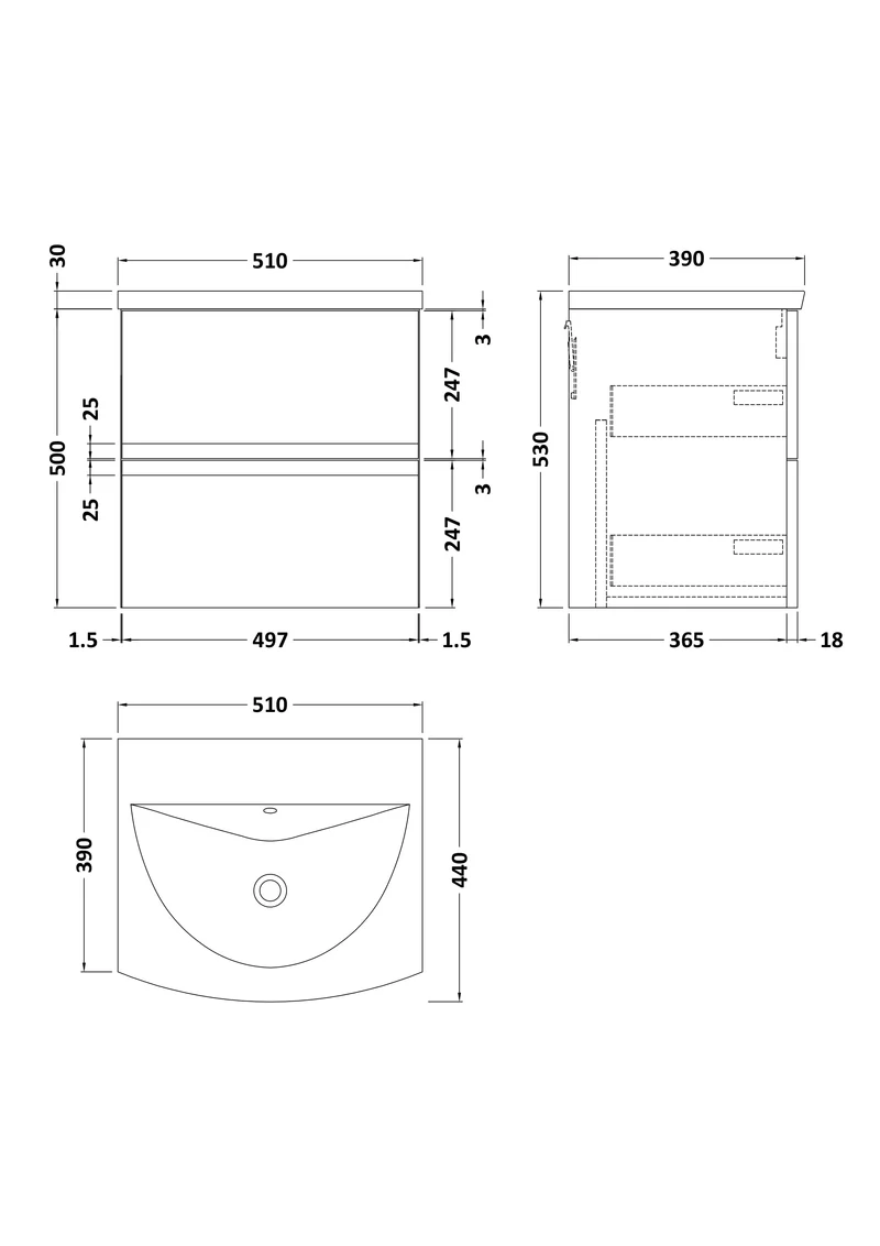 Urban 500mm Wall Hung 2 Drawer Vanity Unit & Curved Ceramic Basin - Soft Black Satin