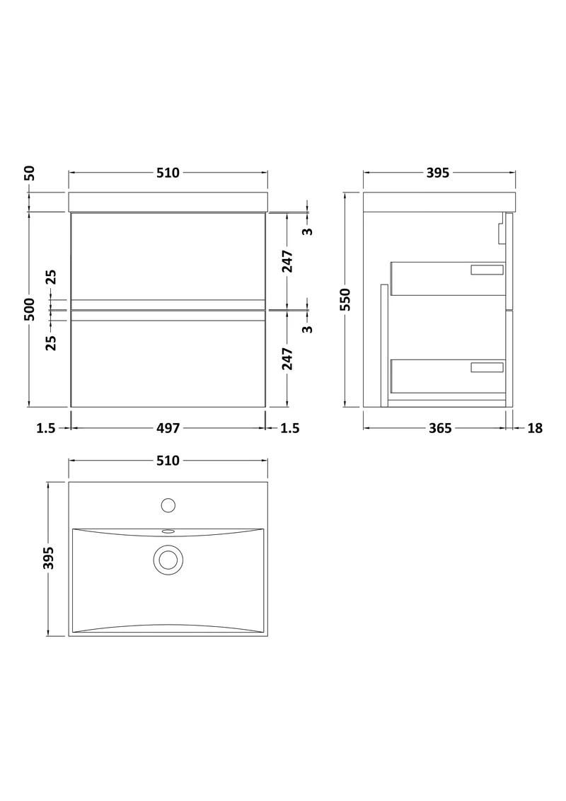 Urban 500mm Wall Hung 2 Drawer Vanity Unit & Thin Edge Ceramic Basin - Soft Black Satin